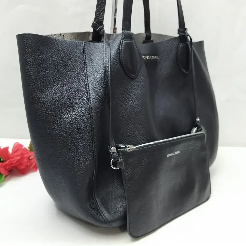 Michael Kors Mae Black Soft Leather Reversible Tote Shoulder Bag W/ Wallet